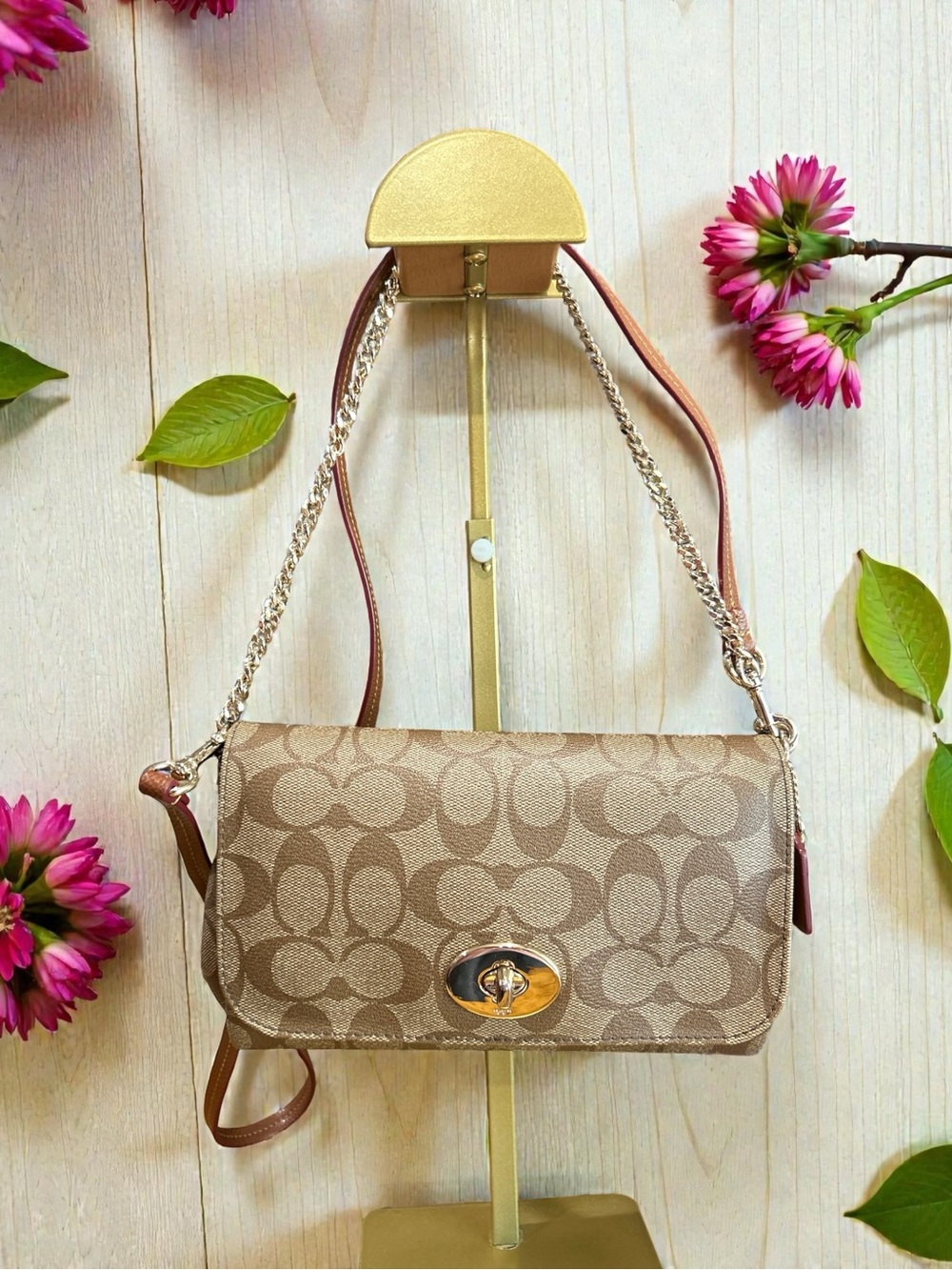Coach Signature Print Turnlock Shoulder Bag in Brown